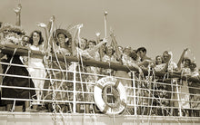 Load image into Gallery viewer, Black and white sepia photograph of passengers waving with streamers at the railing on the deck of the S.S. Lurline.