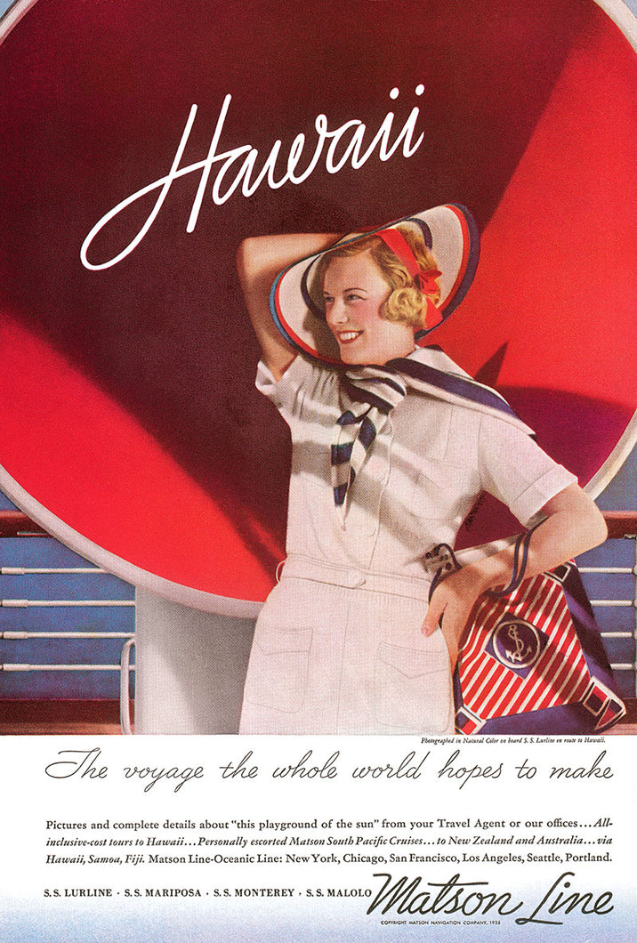 Matson Line cruise travel advertisement featuring woman in white dress, blue and white striped scarf, red, white and blue hat with red headband, and red, white and blue bag on arm, standing in front of a red circle. 