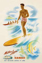 Load image into Gallery viewer, Matson Lines to Hawaii written at bottom of travel poster featuring a surfer standing on a board on a wave; in the background is an outrigger canoe full of paddlers and the mountainside of Diamond Head crater; in the foreground is a tropical fish swimming among coral.