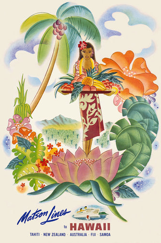 Matson Lines to Hawaii written at bottom of travel poster. A bight and vibrant illustration of a woman in red sarong holding a platter of fruits is surrounded by lush tropical flora and fauna.