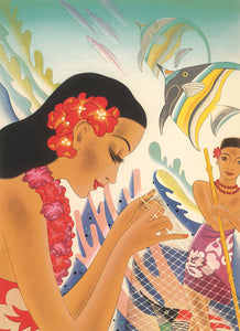 Colorful illustration of a woman wearing a red flower lei, and red flowers around her ear while holding a fishing net. A man in a purple sarong holding a wooden rod looks on in the background in front of an underwater scene of ocean plants, coral, and fish from artist Frank McIntosh.