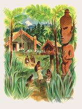 Load image into Gallery viewer, Louis Macouillard watercolor of an island village setting featuring native men and women among tall green plants and trees and large wooden statue of a tribal man.