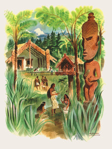 Louis Macouillard watercolor of an island village setting featuring native men and women among tall green plants and trees and large wooden statue of a tribal man.