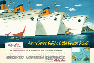 Matson Lines illustrated vintage travel advertisement of 3 large cruise ships lined up next to one another in the ocean with a small portion of an island peeking out to the right. The ships are named from left to right as Lurline, Mariposa, and Monterey. There are 2 smaller canoes with sails and a tug boat in the water in front of the ships.