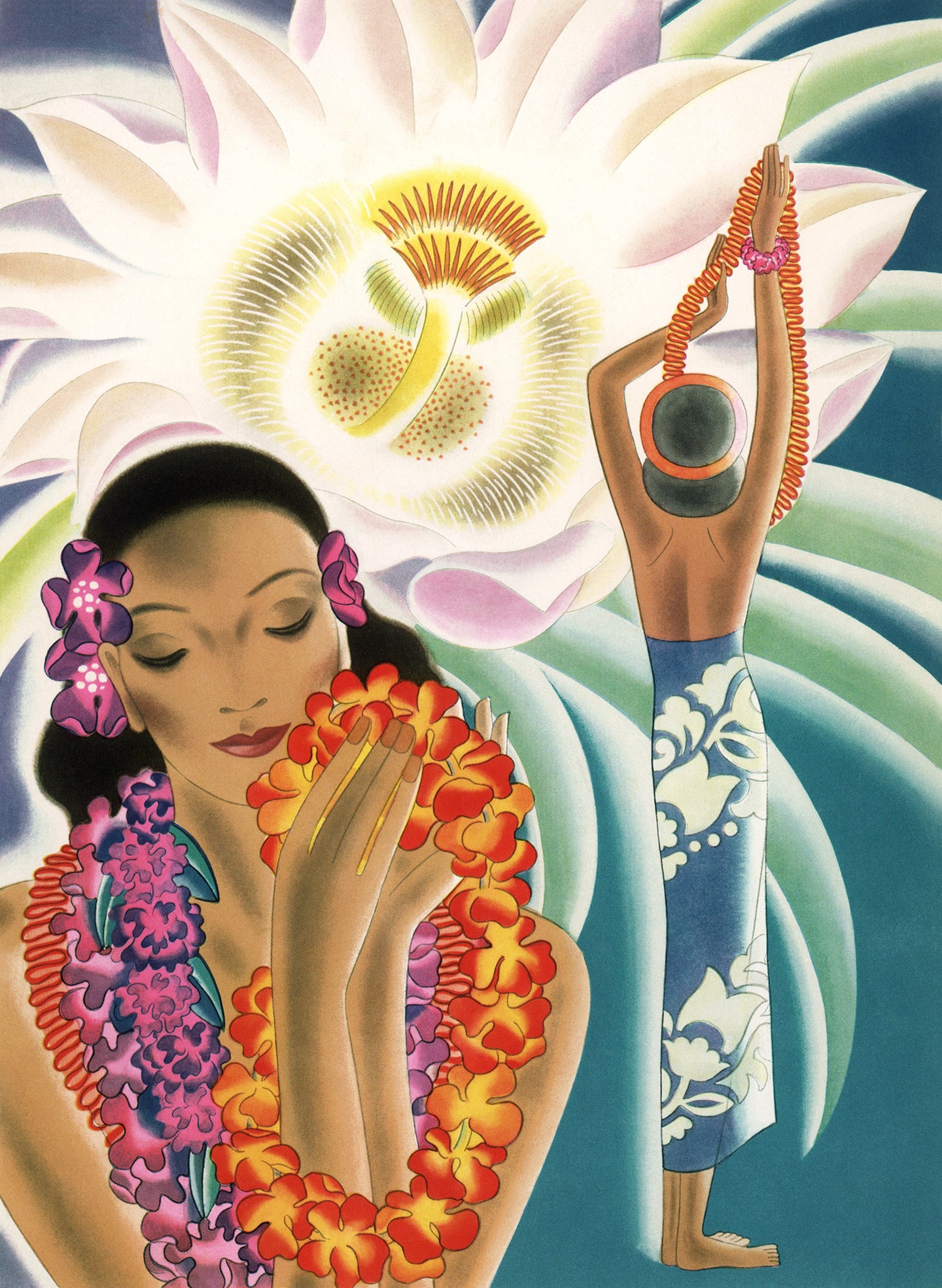 Vibrant artwork from Frank McIntosh of native Hawaiian woman wearing many flower leis and the back view of another woman in blue and white sarong holding up an orange lei. A large Cereus flower is in the background. 
