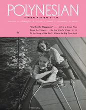 Load image into Gallery viewer, &quot;Polynesian&quot; magazine headline on a pink banner above a black and white photograph of two smiling women on a sailboat in Waikiki..