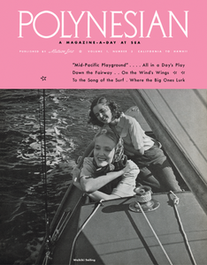 "Polynesian" magazine headline on a pink banner above a black and white photograph of two smiling women on a sailboat in Waikiki..