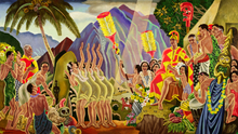 Load image into Gallery viewer, Colorful daytime scene of ancient Hawaiian life surrounding the royalty of Hawaii by Eugene Savage. Features are the King on a throne surrounded by his people making offerings and hula dancers.