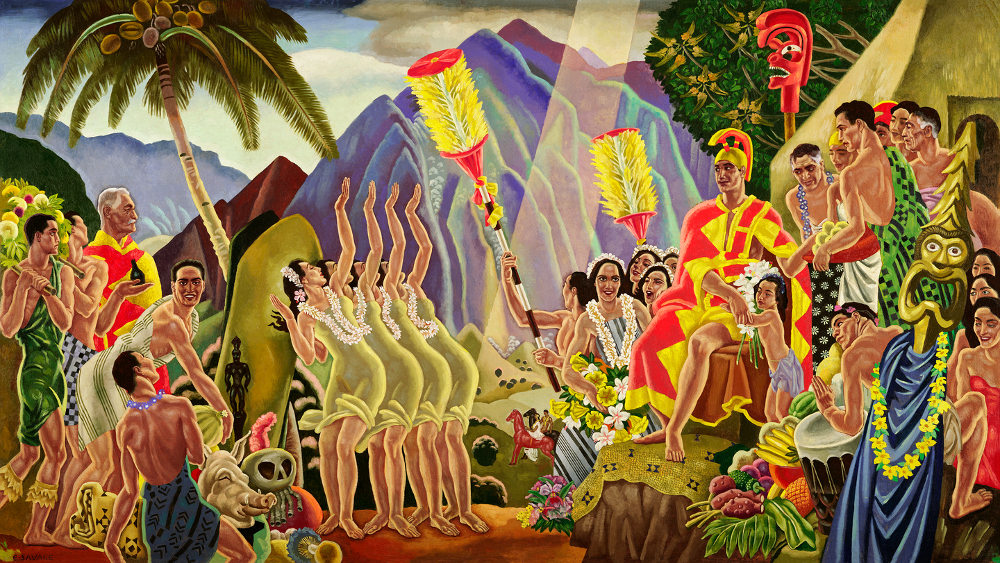 Colorful daytime scene of ancient Hawaiian life surrounding the royalty of Hawaii by Eugene Savage. Features are the King on a throne surrounded by his people making offerings and hula dancers.