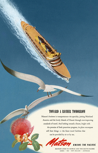 Matson Lines travel advertisement featuring aerial view of a cruise ship on blue water and two white birds flying at lower left.