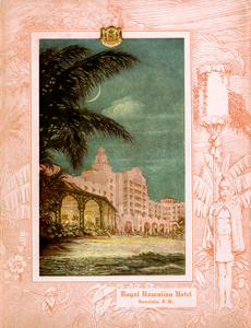 Vintage color illustration of the pink Royal Hawaiian hotel at night with a crescent moon overhead. Illustration is set within a background drawing in red of an island scene and native Hawaiian.