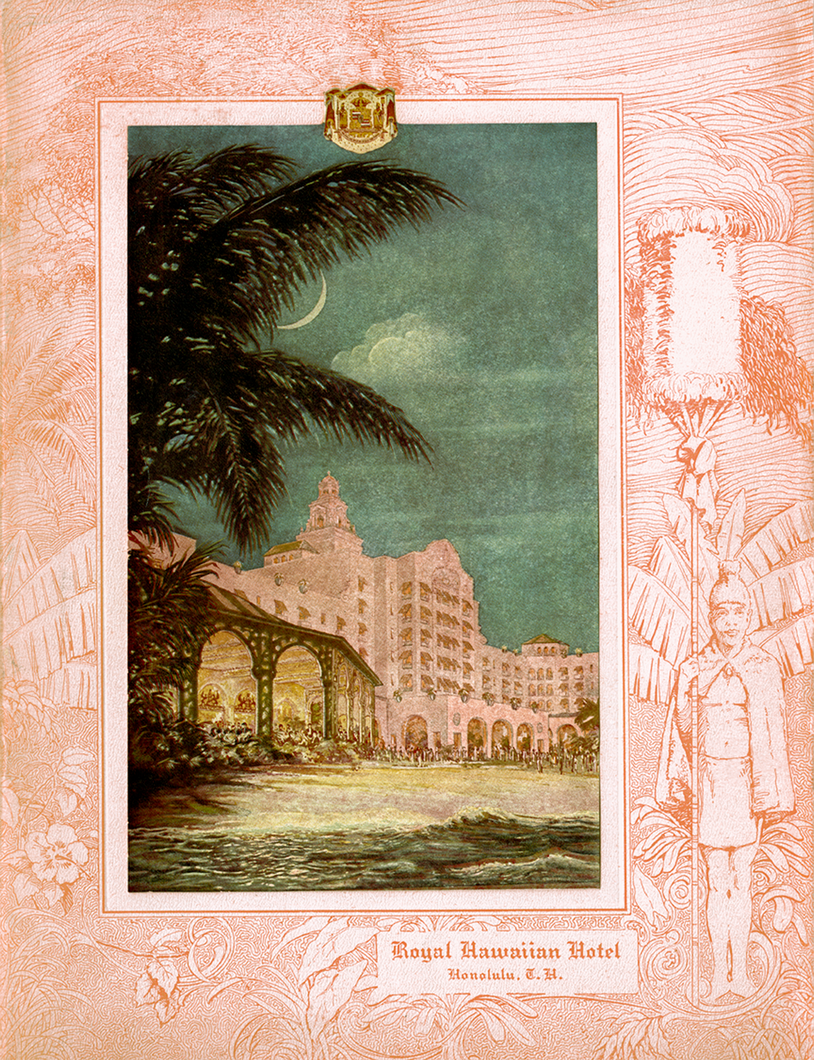 Vintage color illustration of the pink Royal Hawaiian hotel at night with a crescent moon overhead. Illustration is set within a background drawing in red of an island scene and native Hawaiian.