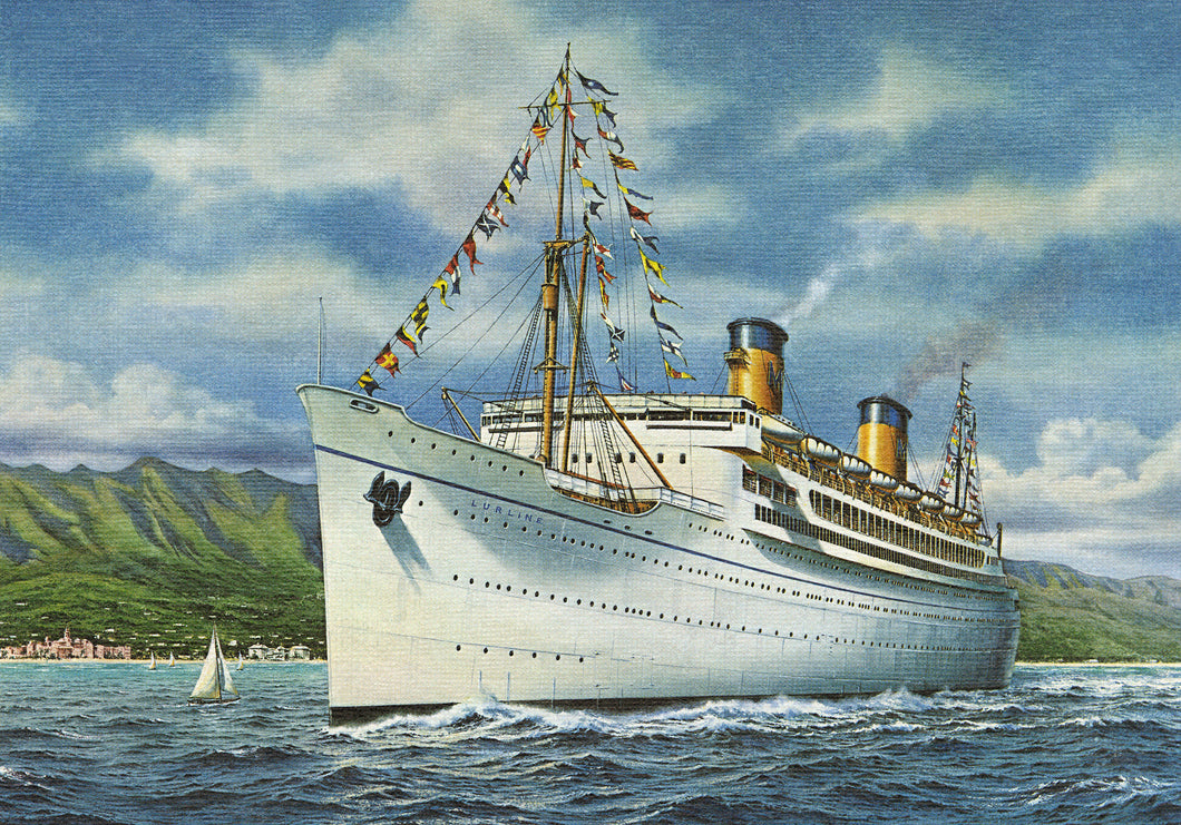 Painting of the cruise ship Lurline as it sails on blue water next to a small sailboat passing Waikiki in Hawaii in the background.