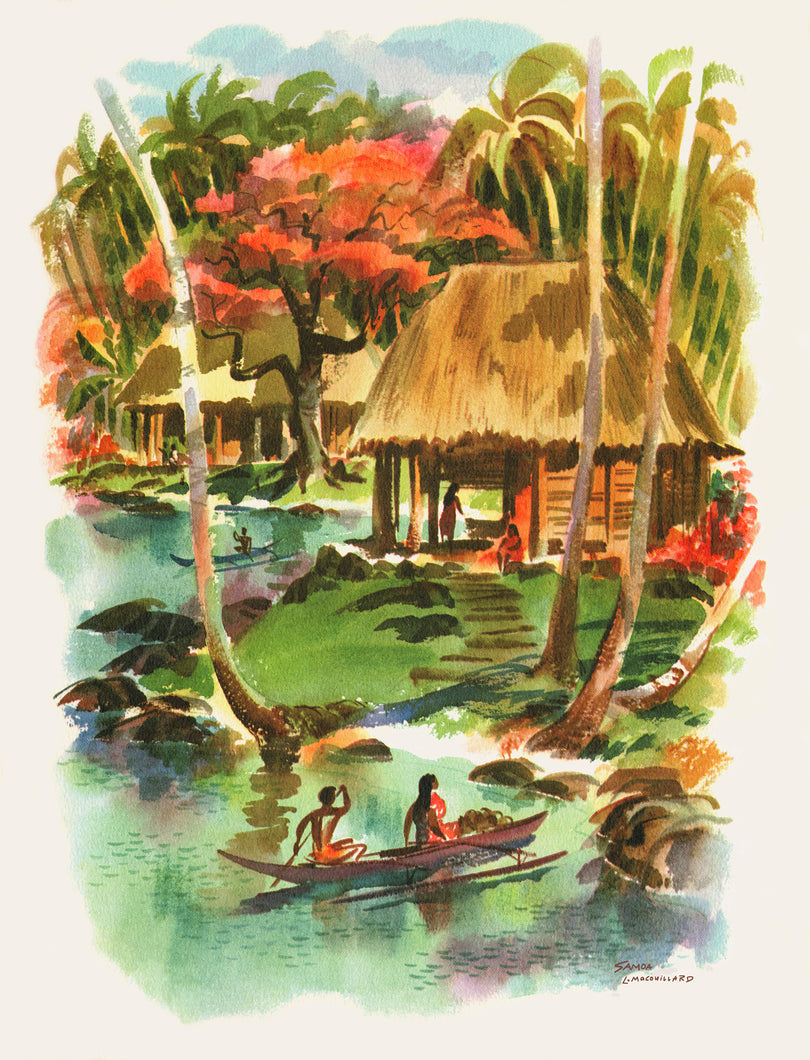 Vivid watercolor of a snapshot of Samoa featuring grass-roof buildings, tall palm trees, tropical landscapes and a couple rowing in the water