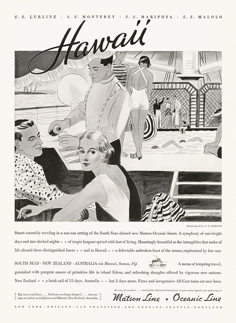 Black and white drawing of a cruise ship deck scene featuring swimmers in a pool and others standing around it in the background. A standing man pours a drink for a sitting couple in the foreground.