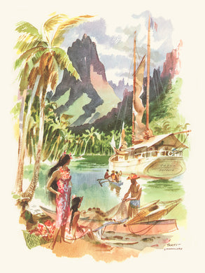 Watercolor art depicting native life in Tahiti featuring two females on shore watching a fisherman with his net while some paddle a canoe to a sailboat in the water. Background scenery is of tall mountains and lush forest greenery.