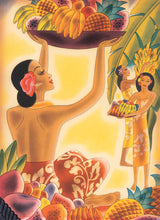 Load image into Gallery viewer, Colorful art by Frank McIntosh of island women wearing sarongs and gathering fruit from a tree and onto a platter. One woman in a red sarong is featured prominently holding a large bowl of fruit over her head.