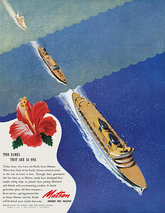 Matson Lines travel advertisement featuring aerial view of 3 ships trailing one another in a blue ocean. At top left corner is a small sailboat behind a medium-sized boat which is following a larger cruise ship.