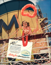 Load image into Gallery viewer, Matson Lines vintage Hawaii travel advertisement featuring a woman wearing a yellow top and red and white flower leis standing on the top deck of a cruise ship and tossing a red flower lei in the air.