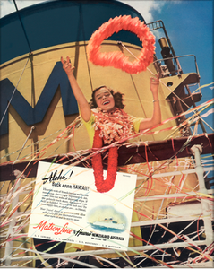 Matson Lines vintage Hawaii travel advertisement featuring a woman wearing a yellow top and red and white flower leis standing on the top deck of a cruise ship and tossing a red flower lei in the air.
