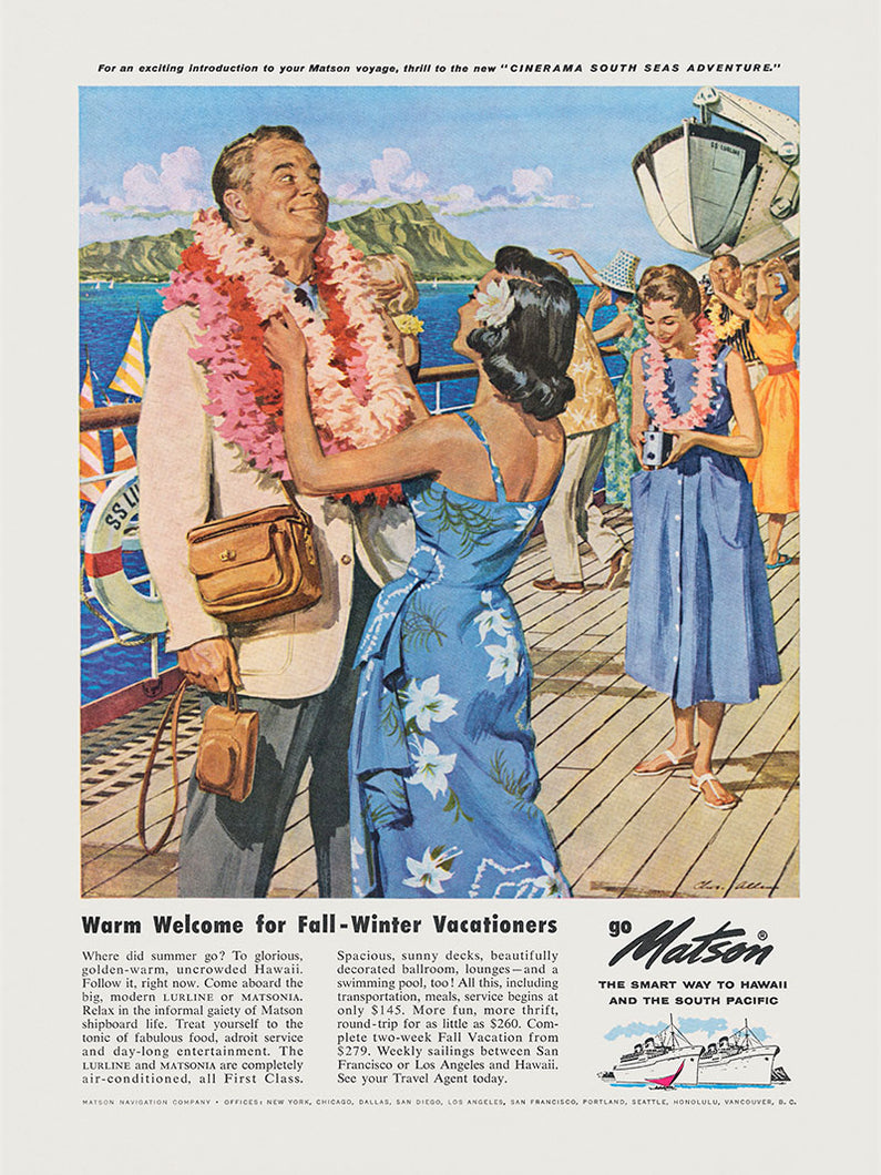 Vintage travel ad for Matson Line cruise to Hawaii features a male cruise passenger being welcomed by a woman with flower leis.