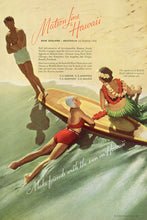 Load image into Gallery viewer, Matson Lines vintage Hawaii travel advertisement featuring a surfer in white swim shorts standing on the shoreline looking down at a woman wearing a red bathing suit and white bathing cap lying half in the water with her arms on a surfboard and looking at another woman dressed in a green grass skirt and red, yellow, and white flower leis around her neck and flowers in her hair who is sitting on the same surfboard.
